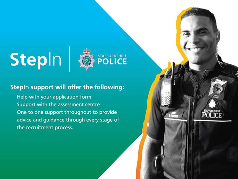Smiling male police officer stood next to information about Staffordshire Police's StepIn initiative which provides help and support to anyone under the Equalities Act that identifies as Black, Asian or minority ethnic group, LGBT+ or consider themselves to have a disability.